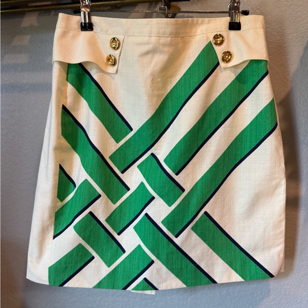 Anthropologie hutch brand mini skirt, beige, green, navy blue, and gold buttons - Picture 2 of 6